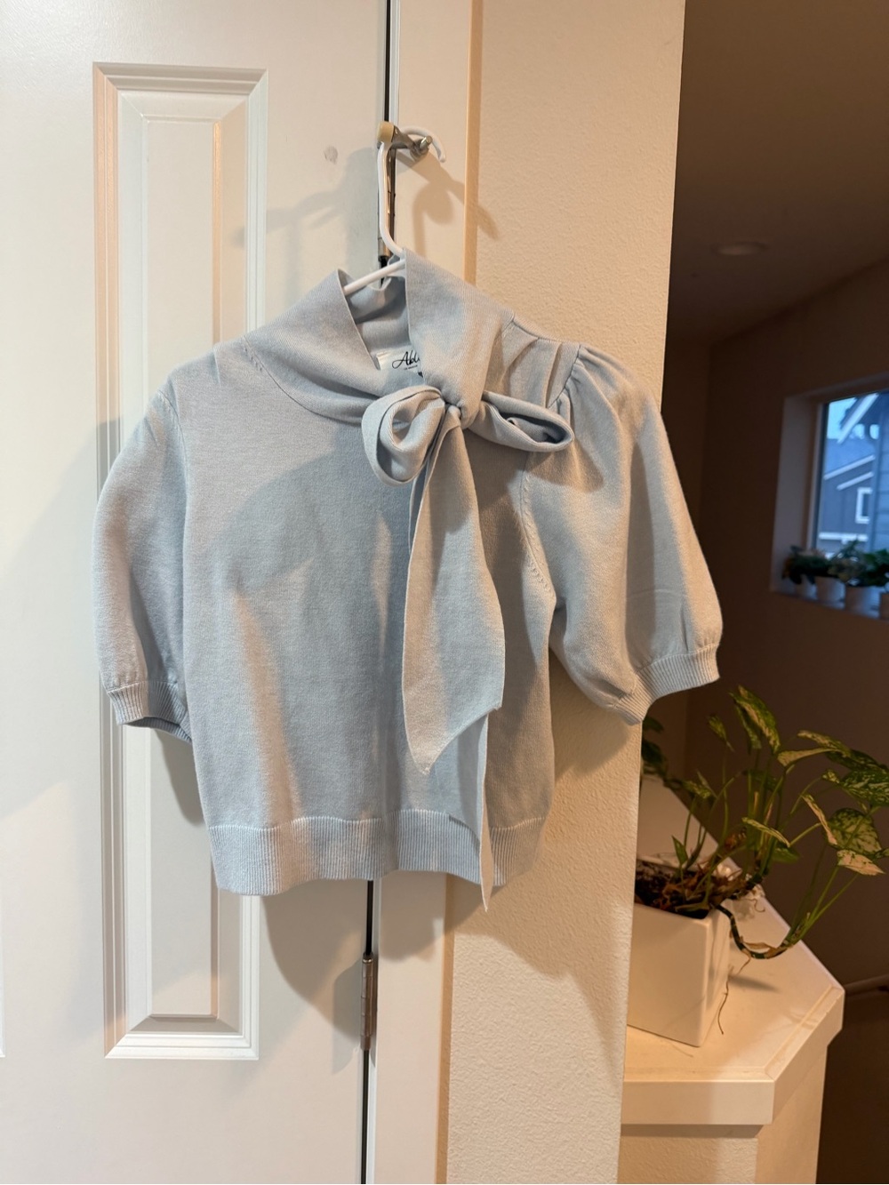 Able Light Blue Tie-Neck Short Sleeve Top
